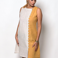 NINA handloom Linen Beige Mustard Color block Dress