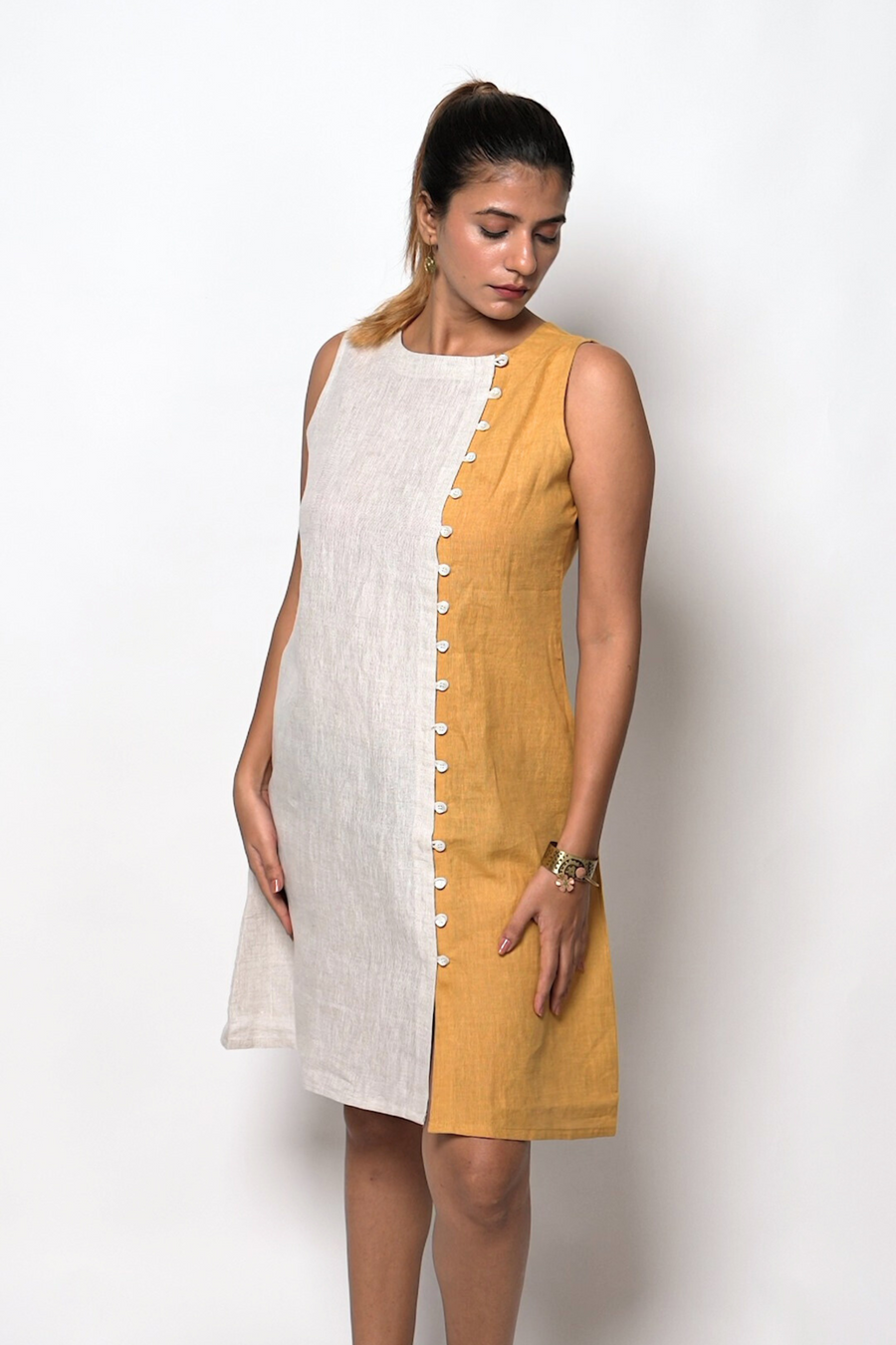 NINA handloom Linen Beige Mustard Color block Dress