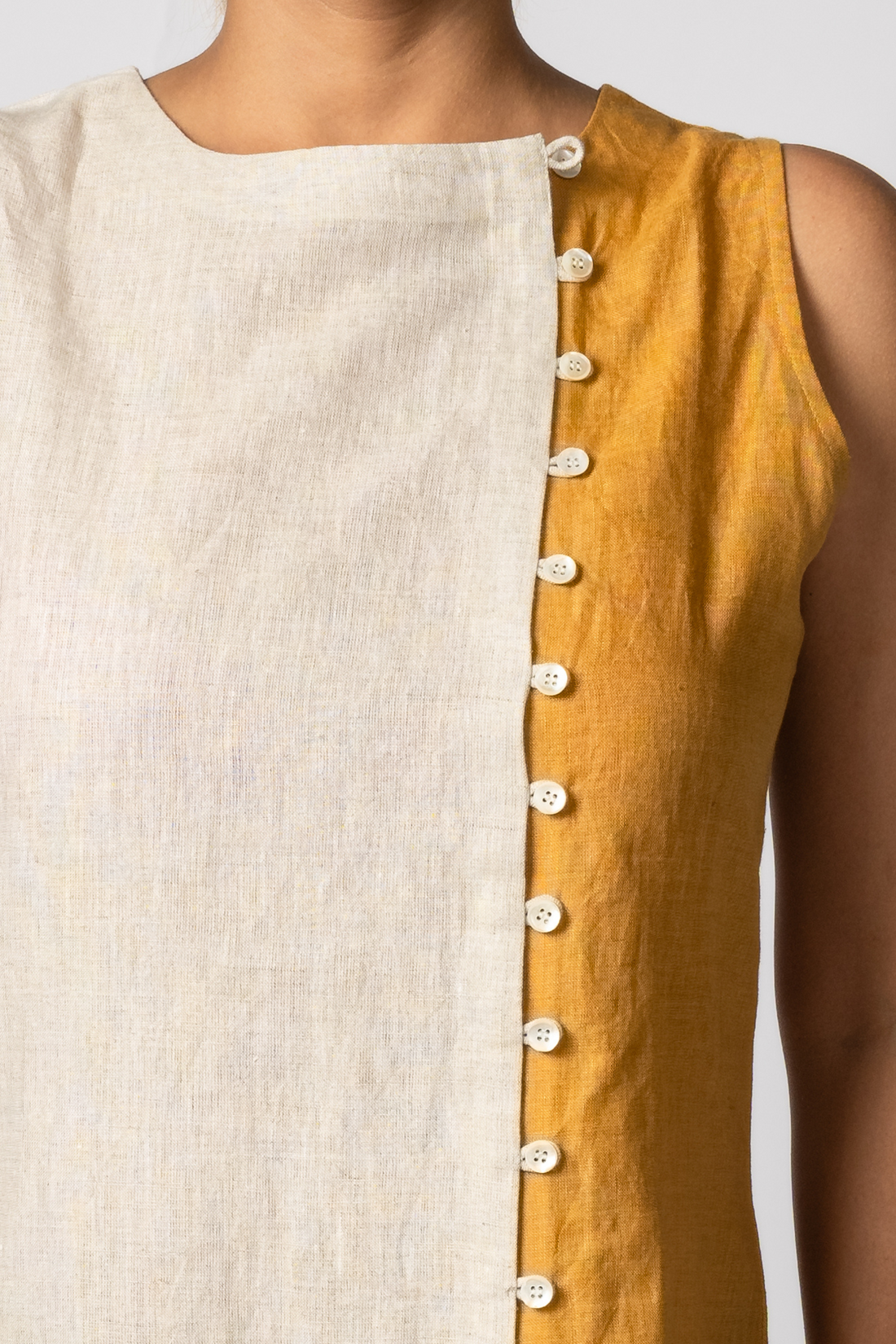 NINA handloom Linen Beige Mustard Color block Dress