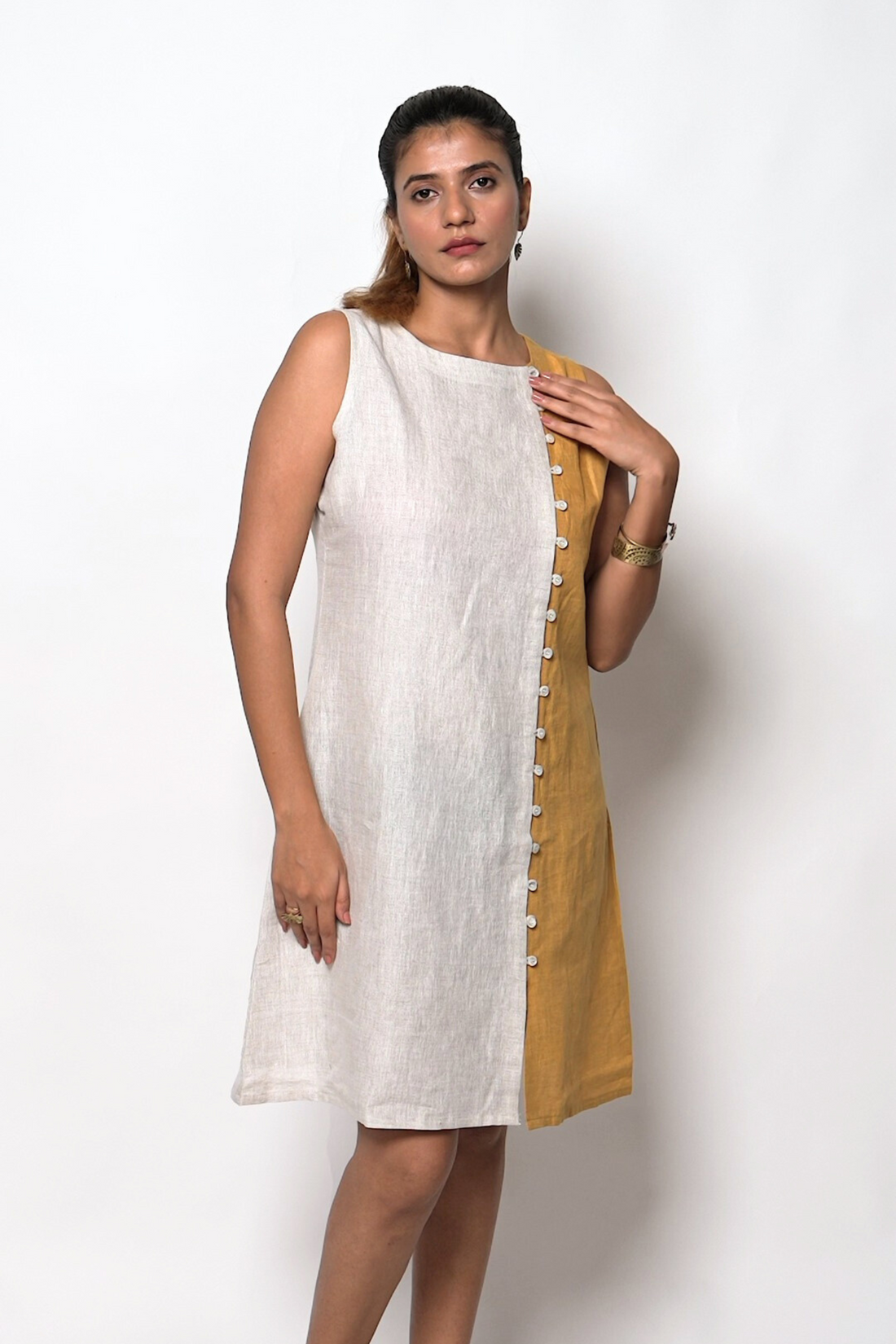 NINA handloom Linen Beige Mustard Color block Dress