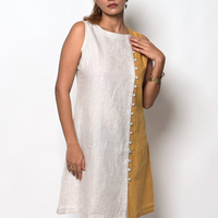 NINA handloom Linen Beige Mustard Color block Dress