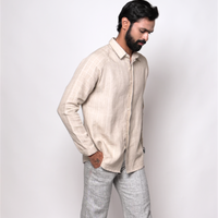 ANTON Handloom Linen Beige Stripe Check Raglan Sleeve Shirt for Men