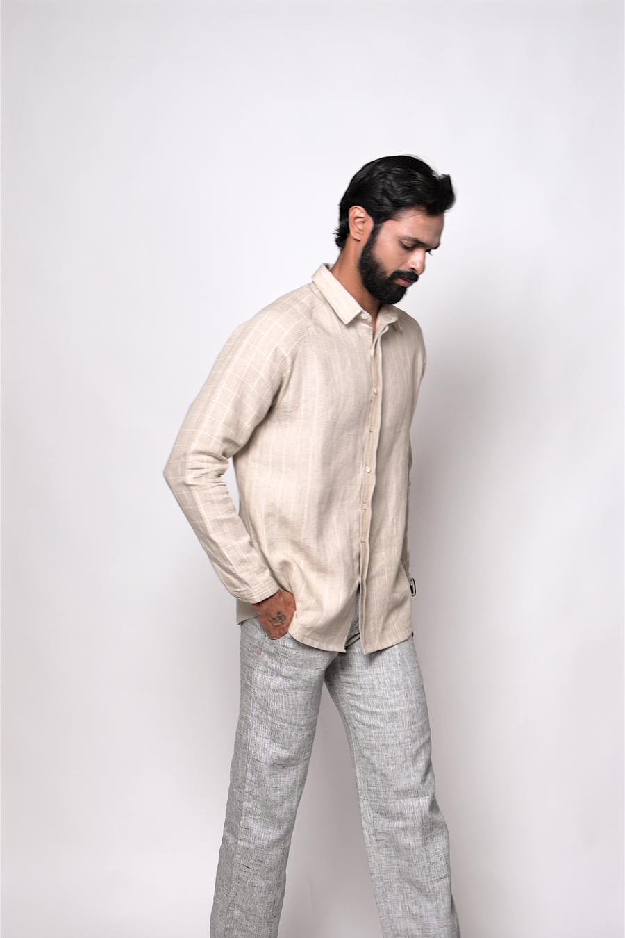 ANTON Handloom Linen Beige Stripe Check Raglan Sleeve Shirt for Men