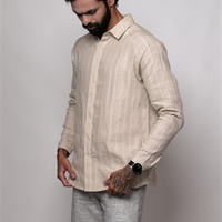 ANTON Handloom Linen Beige Stripe Check Raglan Sleeve Shirt for Men