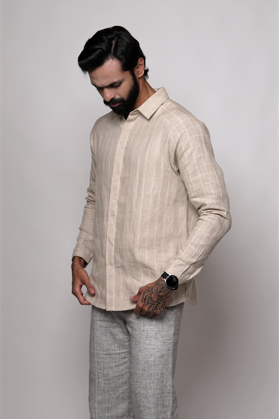 ANTON Handloom Linen Beige Stripe Check Raglan Sleeve Shirt for Men