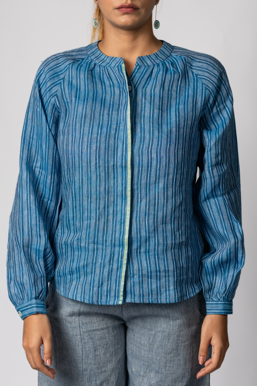 ELSIE Handloom Linen Indigo Stripe Raglan Sleeve Shirt