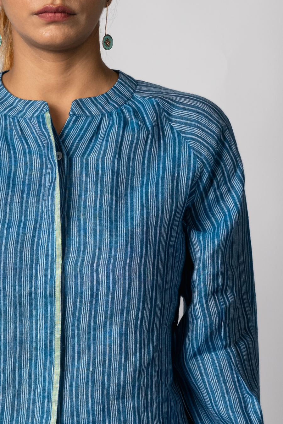 ELSIE Handloom Linen Indigo Stripe Raglan Sleeve Shirt