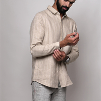 ANTON Handloom Linen Beige Stripe Check Raglan Sleeve Shirt for Men