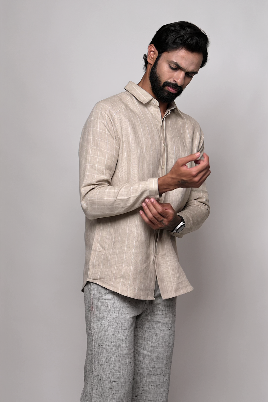 ANTON Handloom Linen Beige Stripe Check Raglan Sleeve Shirt for Men