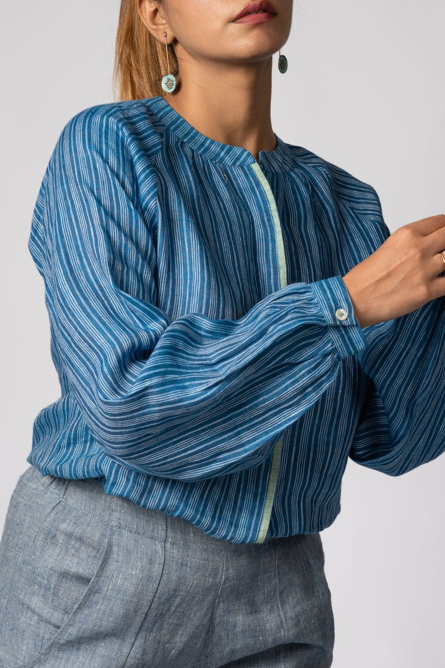 ELSIE Handloom Linen Indigo Stripe Raglan Sleeve Shirt