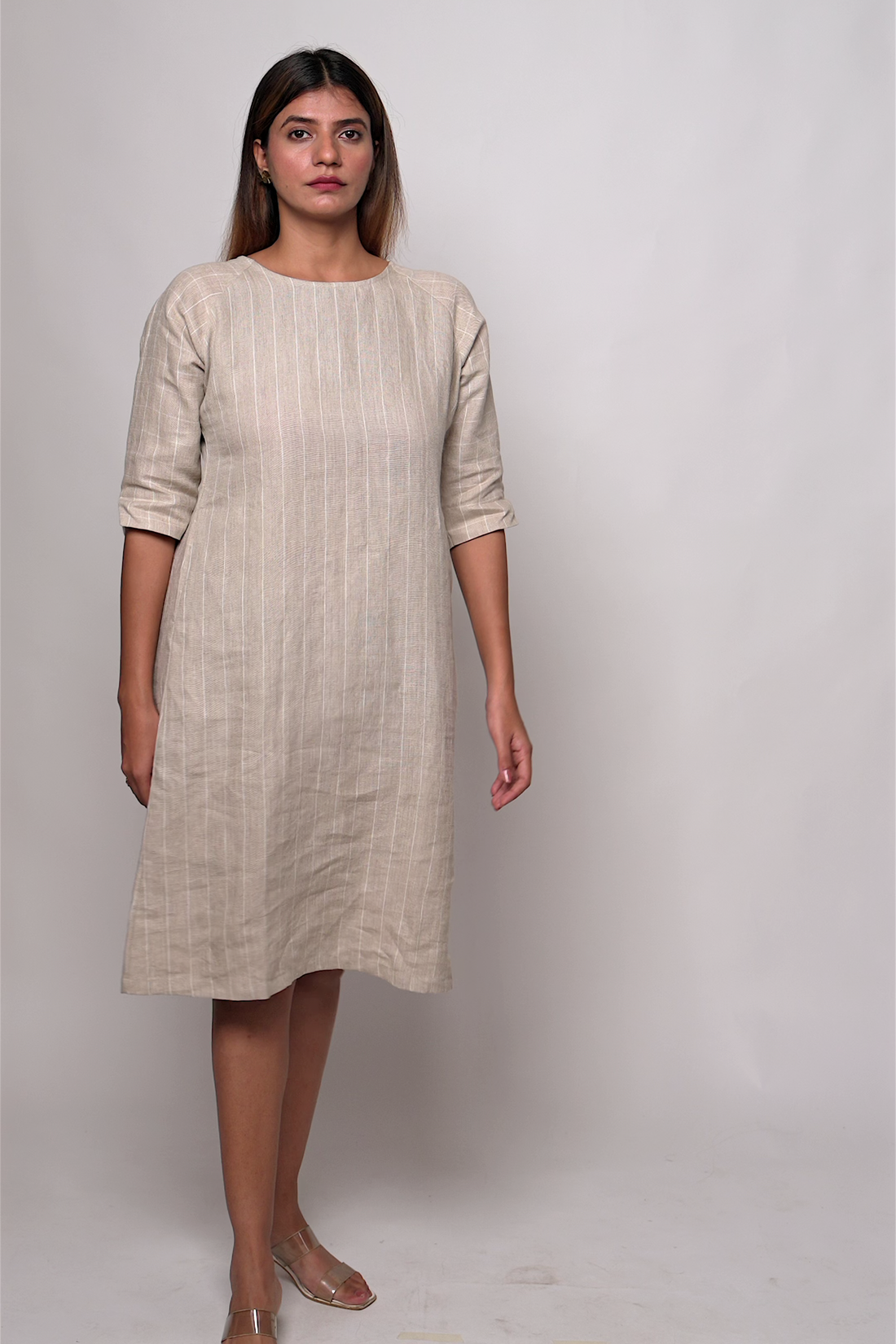 TILDA Beige Handloom Linen Dress in Check and Stripes