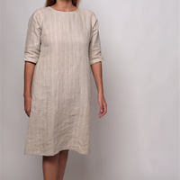 TILDA Beige Handloom Linen Dress in Check and Stripes