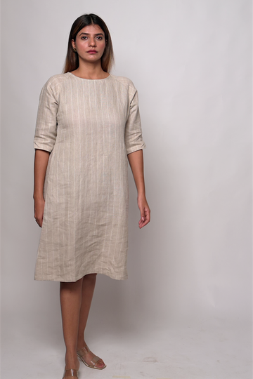 TILDA Beige Handloom Linen Dress in Check and Stripes