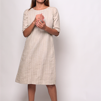 TILDA Beige Handloom Linen Dress in Check and Stripes