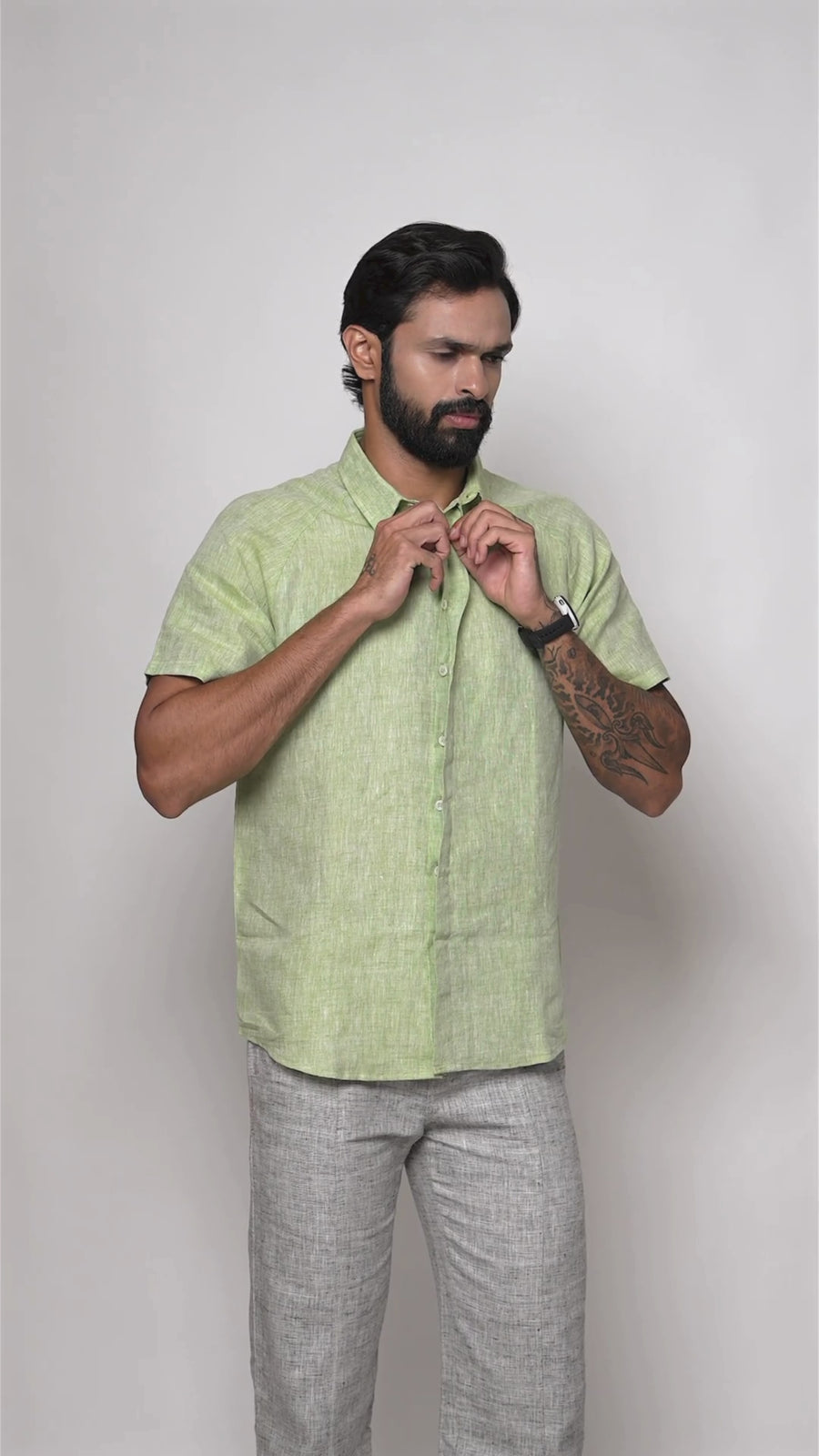 JOHAN Handloom Linen Green Raglan Sleeve Shirt for Men