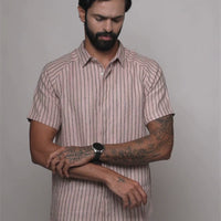 JOHAN Handloom Linen Pink navy Stripe Raglan Sleeve Shirt for Men