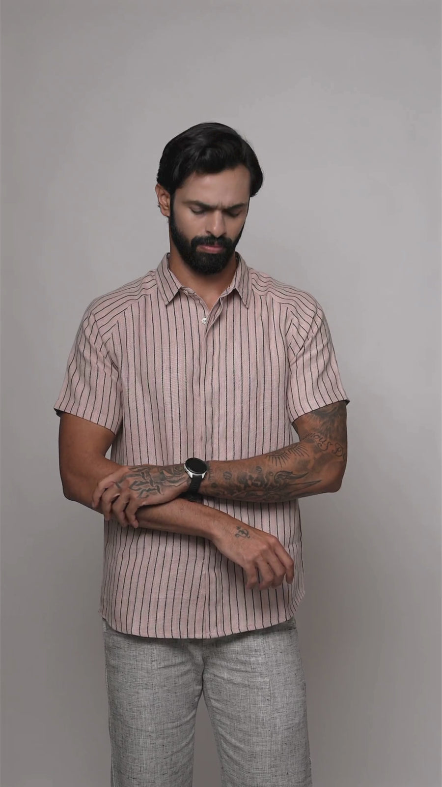 JOHAN Handloom Linen Pink navy Stripe Raglan Sleeve Shirt for Men